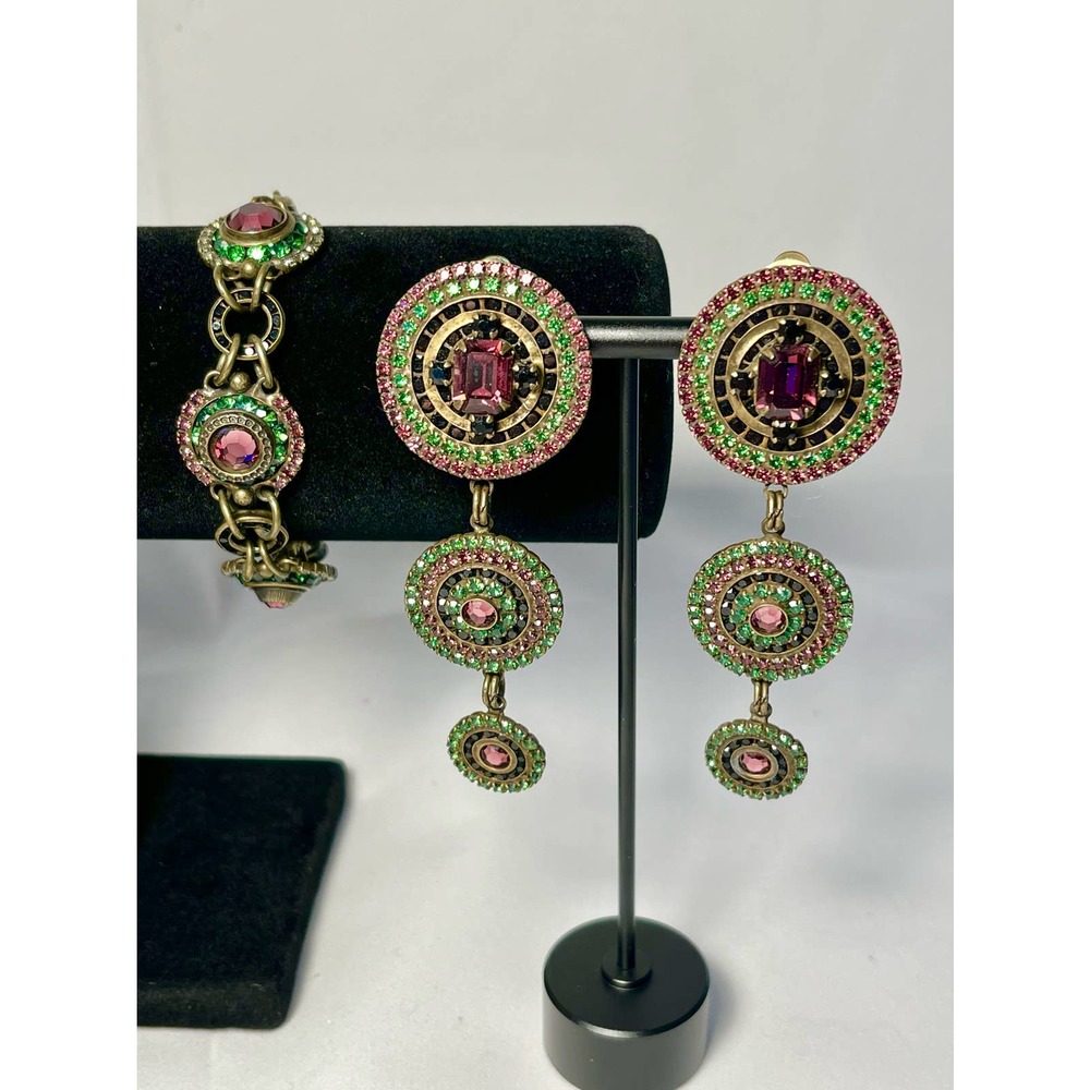 Vintage Signed Sorrelli Rhinestone Earrings and Bracelet Set Purple Green Gold